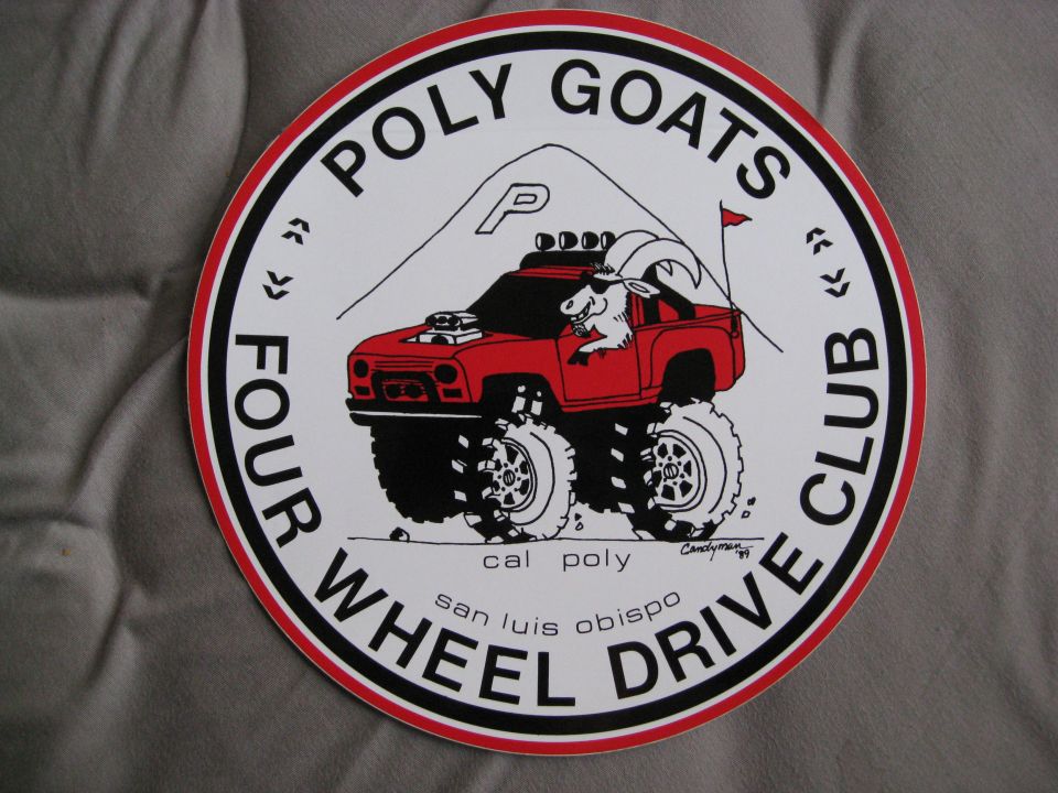 Sticker for Poly Goats Four Wheel Drive Club, Cal Poly San Luis Obispo, with cartoon truck and goat