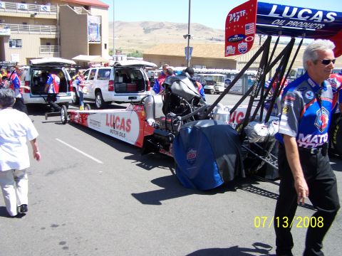 1972 Ford Ranchero - Dragster and support vehicles at an event. The date 07/13/2008 is visible.