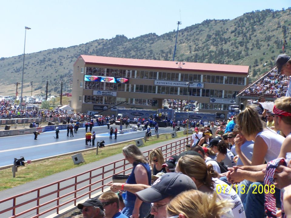Drag racing track with grandstands and a building, dated 8/13/2008