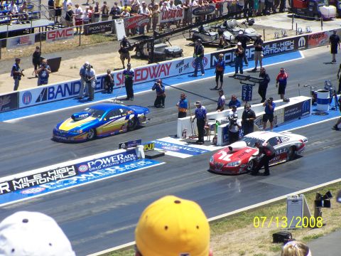1972 Ford Ranchero - Two drag racing cars prepare for a race at Bandimere Speedway on July 13, 2008.