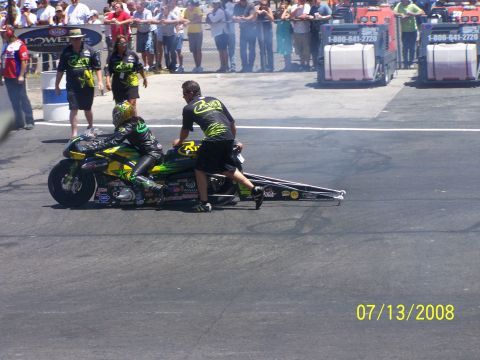 1972 Ford Ranchero - A drag motorcycle and rider are prepared for a race at Bandimere Speedway on July 13, 2008.