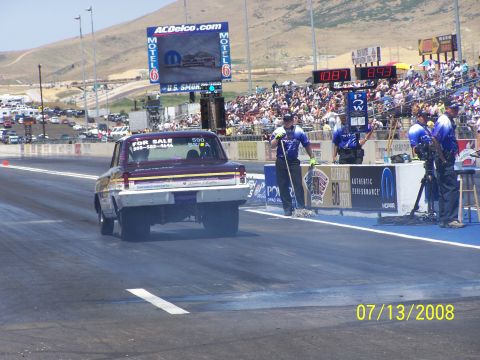 1972 Ford Ranchero - A drag racing car is on the track with a 'For Sale' sign in the window, dated 07/13/2008.