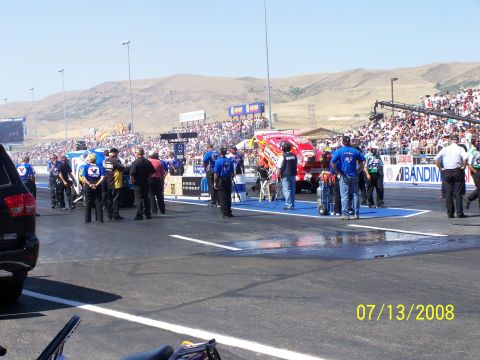 1972 Ford Ranchero - A drag racing event is captured on July 13, 2008, with multiple dragsters lined up on the track and a large crowd in the background.