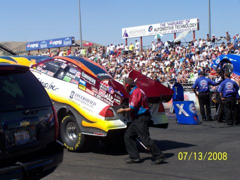 1972 Ford Ranchero - Drag racing event with a car and crew, spectators in the stands. Date stamp reads 07/13/2008.