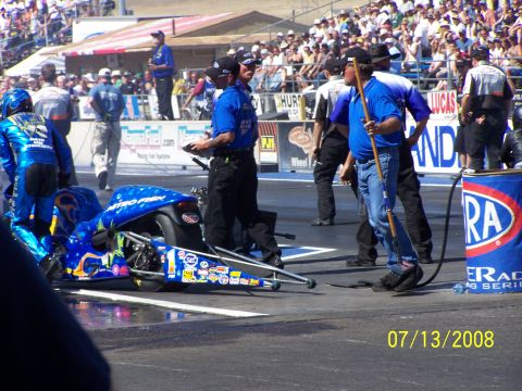 1972 Ford Ranchero - A drag racing vehicle is prepared on the track during an event on July 13, 2008.