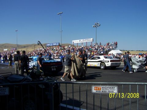 1972 Ford Ranchero - A drag racing event with two cars on the track and spectators in the stands. A date stamp shows 07/13/2008.