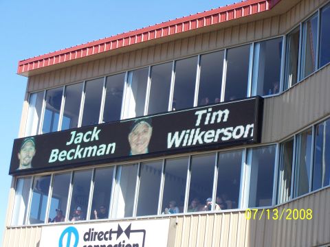 1972 Ford Ranchero - A digital display board shows the names and faces of Jack Beckman and Tim Wilkerson, dated July 13, 2008.