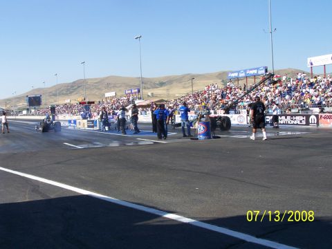 1972 Ford Ranchero - Drag racing event at Bandimere Speedway on July 13, 2008, with multiple dragsters and a large crowd.