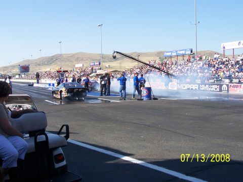1972 Ford Ranchero - A drag racing car performs a burnout on the track during an event on July 13, 2008.