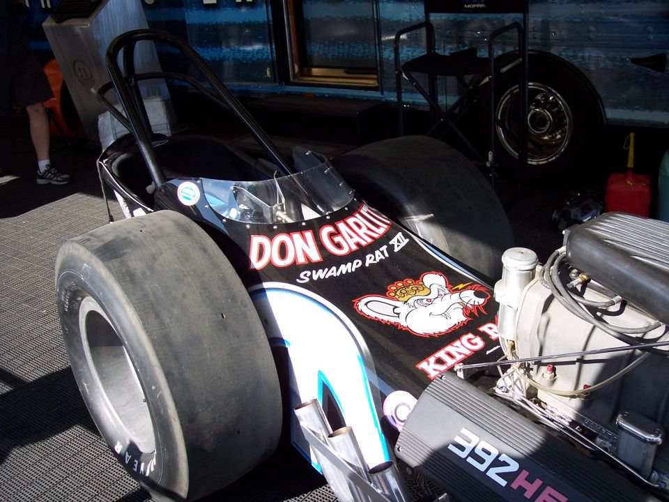 Don Garlits Swamp Rat XII dragster with blown 392 Hemi and slick tires on display