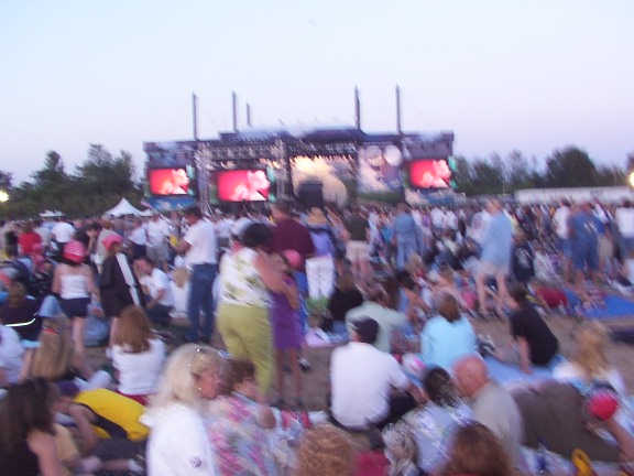 Outdoor evening concert crowd seated on the ground facing a lit stage with two large video screens