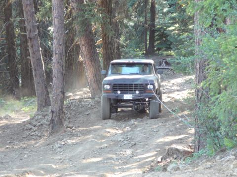 1991 Ford Bronco - A dark pickup truck navigates a dusty, wooded trail.