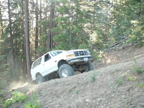 1991 Ford Bronco - White Ford Bronco navigates a challenging dirt trail in a wooded area.
