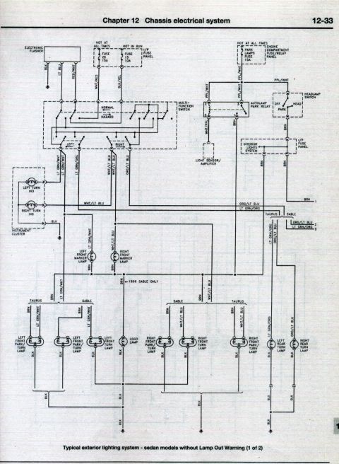 1998 Ford Taurus - This diagram details the typical exterior lighting system for sedan models, excluding those with a Lamp Out Warning system.