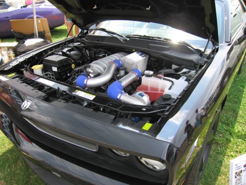 2001 Ford Crown Victoria - The engine bay of a black Dodge Challenger is open, revealing a supercharged engine with custom blue intake piping.
