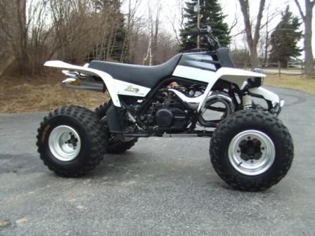 1996 Ford Bronco - A white and black Yamaha Banshee ATV is parked on an asphalt surface with trees in the background. The ATV is shown from the side view, hig…