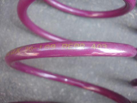 1993 Ford Taurus - A close-up view of a purple coil spring with identifying text printed on it.