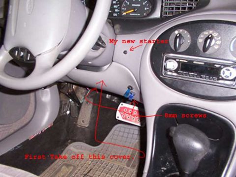 1998 Ford Taurus - Interior view of a car's dashboard and footwell, with handwritten annotations indicating installation steps.