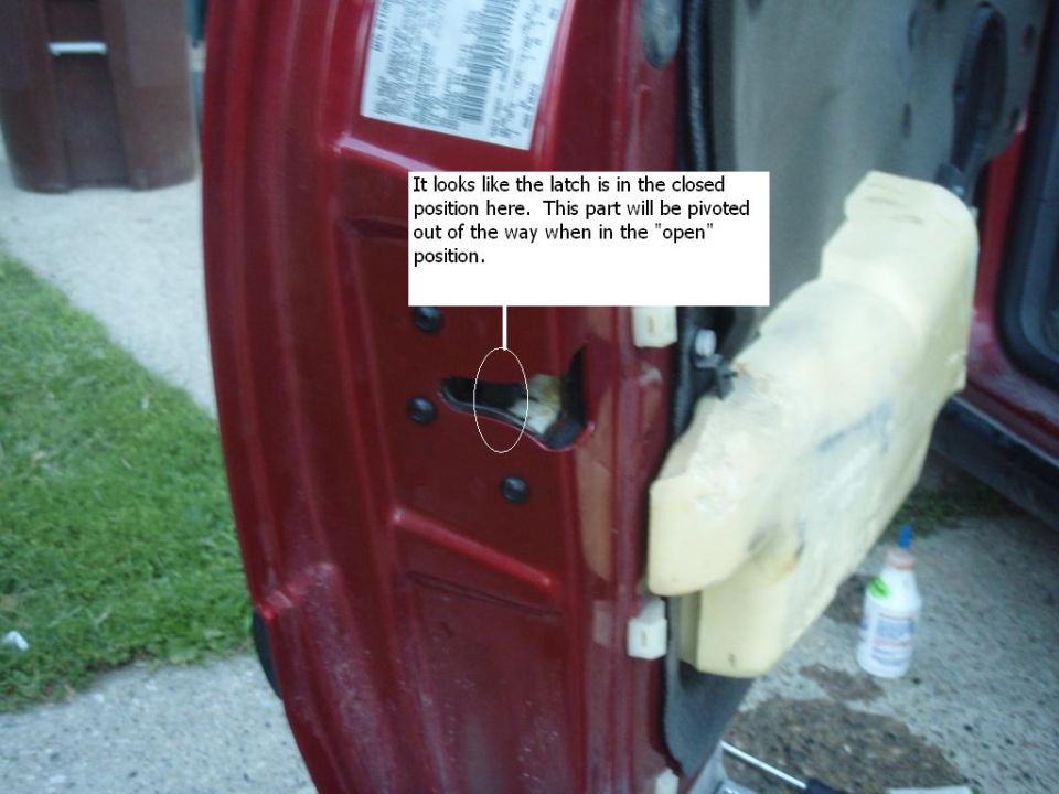 Open red car door edge showing latch mechanism with annotated text overlay