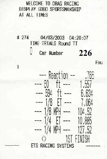 1998 Ford Taurus - This drag racing time slip shows the results for car number 226, including reaction time, 60 ft, 1/8 mile, and 1/4 mile ET and MPH.