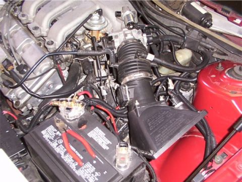 1998 Ford Taurus - Close-up view of an engine bay, highlighting the intake manifold, battery, and a red fender component.