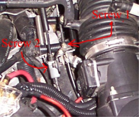 1998 Ford Taurus - Engine bay components, including hoses and intake parts, are shown with labels indicating screw locations.