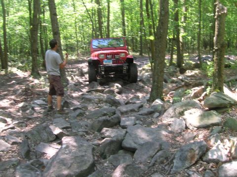 1996 Ford Bronco - A red Jeep Wrangler navigates a rocky path through a dense forest.
