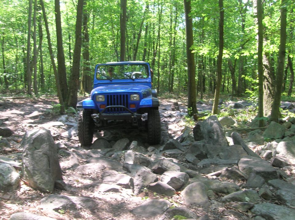 Blue Jeep Wrangler driving over rocks on a wooded trail