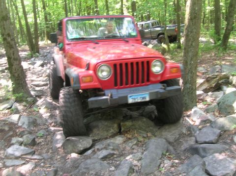 1996 Ford Bronco - A red Jeep navigates a rocky path through a forest, with another vehicle following behind.