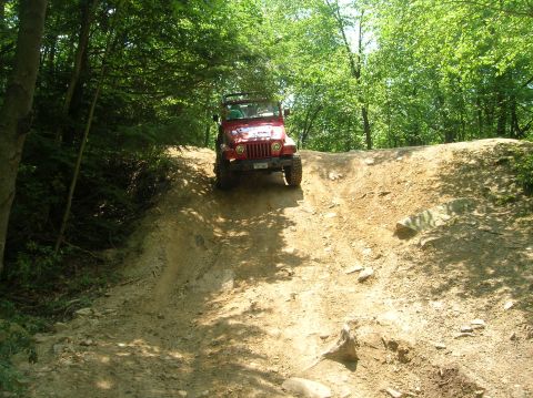 1996 Ford Bronco - Red Jeep Wrangler navigates a challenging off-road trail surrounded by trees.