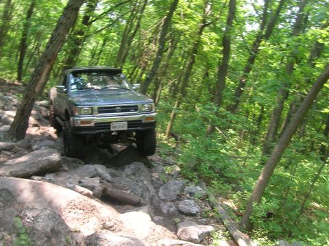 1996 Ford Bronco - A Toyota pickup truck drives over rocks on a wooded trail.