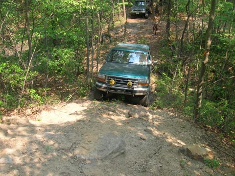 1996 Ford Bronco - A green Ford Bronco navigates a wooded trail with another vehicle behind it.