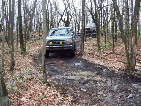 1996 Ford Bronco - A green 1996 Ford Bronco navigates a challenging, rocky path through a wooded area, with a second SUV visible further up the trail.