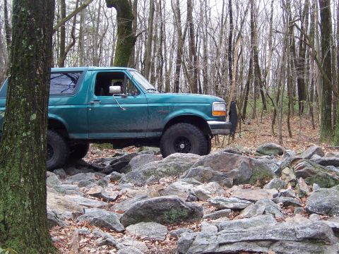 1996 Ford Bronco - A teal 1996 Ford Bronco navigates a challenging rocky path through a wooded area.