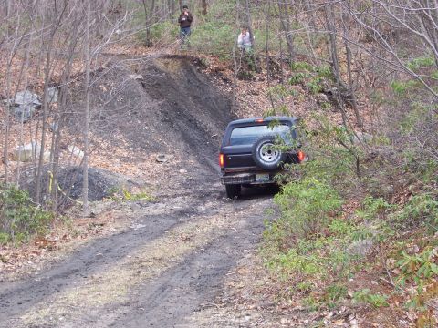 1996 Ford Bronco - A black 1996 Ford Bronco navigates a challenging dirt path through a wooded landscape.