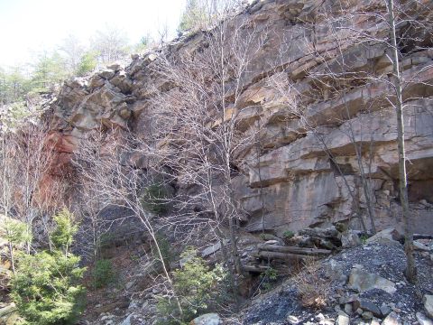 1996 Ford Bronco - A view of a rock quarry face with distinct horizontal layers and scattered vegetation.