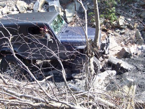 1996 Ford Bronco - A dark-colored Jeep Wrangler Rubicon is seen traversing a challenging rocky terrain, partially obscured by tree branches.