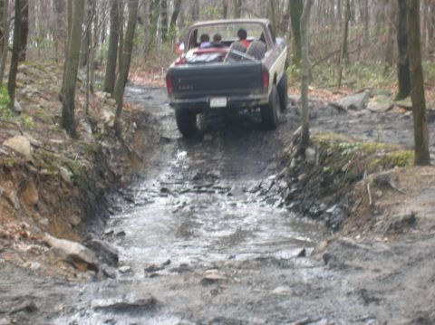 1996 Ford Bronco - A tan and black Ford pickup truck drives through a muddy, rocky terrain with trees on either side. The truck has people in the cab and spar…