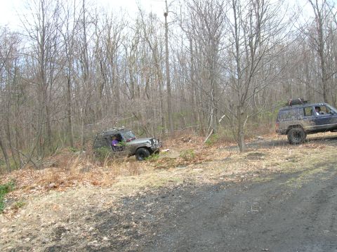1996 Ford Bronco - Two off-road vehicles are shown in a wooded area with sparse trees. The vehicle on the left is a dark-colored Jeep-style SUV, and the vehic…