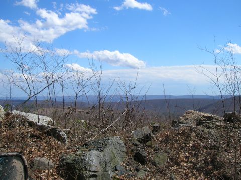 1996 Ford Bronco - A scenic view from a rocky, wooded overlook on a bright, cloudy day. The foreground is filled with bare branches and large rocks, leading t…