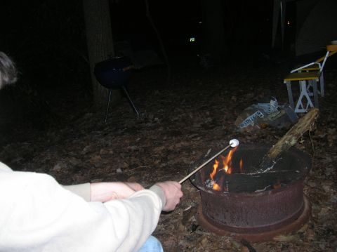 1996 Ford Bronco - A person roasts a marshmallow over a campfire at night. A blue kettle grill is visible in the background.