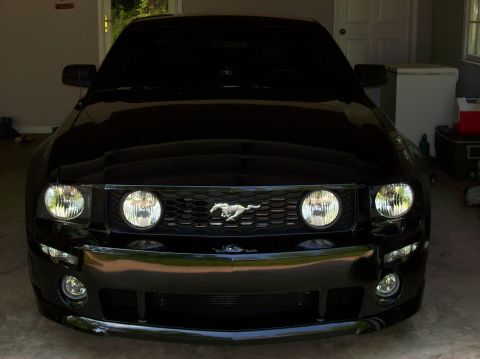 2007 Ford Mustang - Front view of a black 2007 Ford Mustang, its distinctive honeycomb grille and iconic running horse emblem.