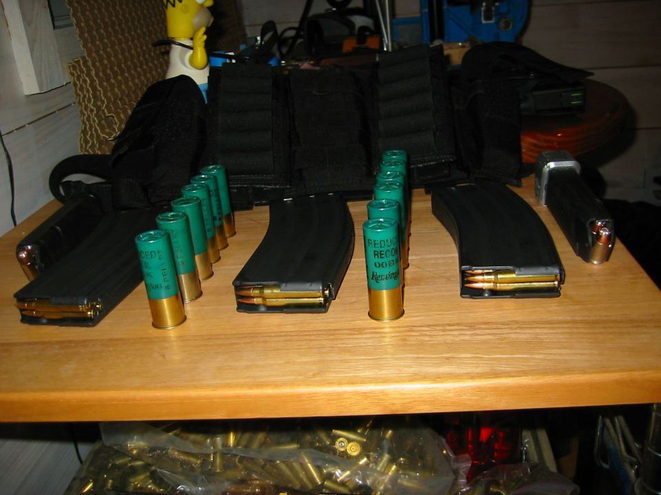 Several loaded magazines and shotgun shells on a wooden surface. A Homer Simpson toy is visible in the background