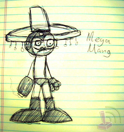 1993 Ford Bronco - Hand-drawn sketch of a character named Mega Mang, with Supermotors branding at the bottom.