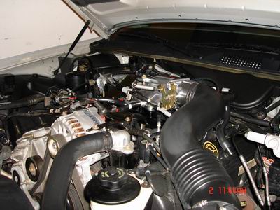 1998 Ford Crown Victoria - Close-up view of a vehicle's engine bay, showing various components and hoses.