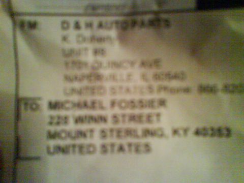 2003 Ford Crown Victoria - Shipping label details sender D&H Autoparts and recipient Michael Fossier's address.
