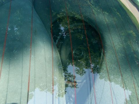 1998 Ford Taurus - Trees and sky reflected in the rear window of a vehicle.
