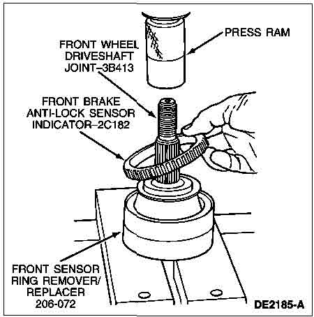 1998 Ford Taurus - Diagram illustrates the installation of a front brake anti-lock sensor indicator ring.