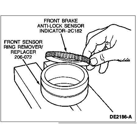 1998 Ford Taurus - Diagram illustrates the use of a front sensor ring remover/replacer tool for ABS indicators.