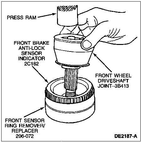 1998 Ford Taurus - This diagram illustrates the use of specialized tools for installing an ABS sensor ring on a front wheel driveshaft joint.